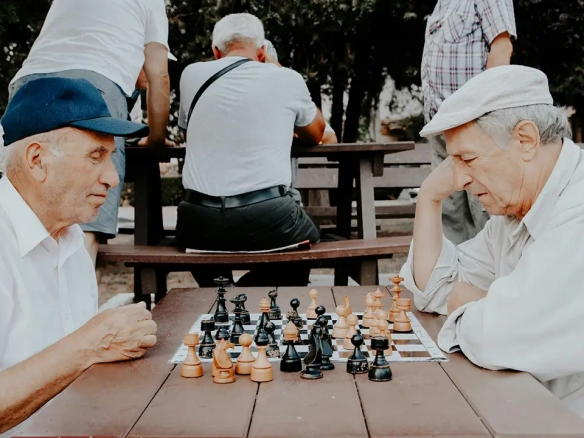 An image of two elderly men playing chess in Hamilton, Ontario.